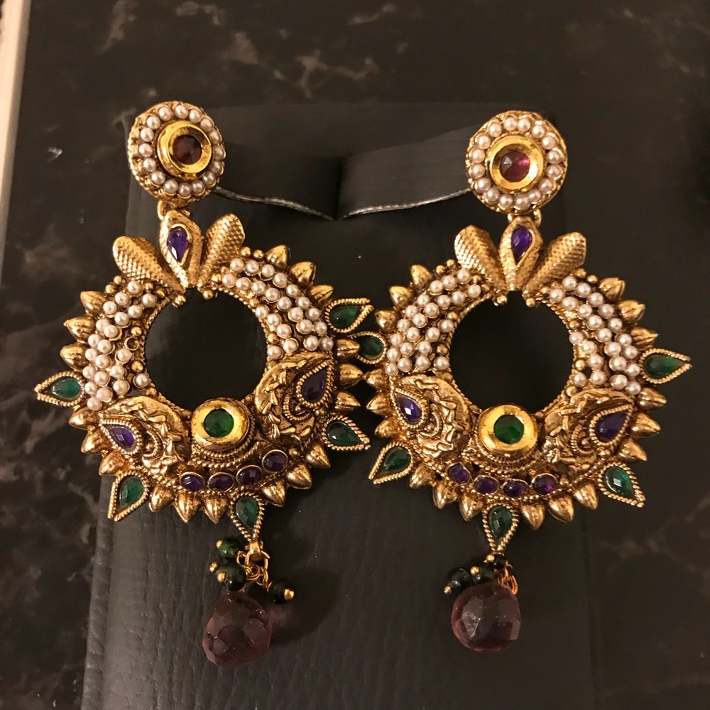 Indian gold earrings pearl red green purple stones